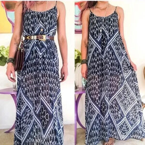 Express Boho Maxi Chiffon Tribal Bohemian Dress Long Sheer Blue Black Size XS